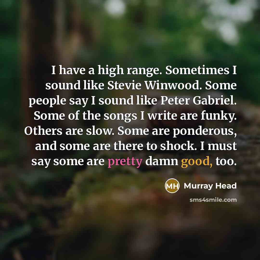 “I have a high range. Sometimes I sound like Stevie Winwood. Some people say I sound like Peter Gabriel. Some of the songs I write are funky. Others are slow. Some are ponderous, and some are there to shock. I must say some are pretty damn good, too.” quote by Murray Head