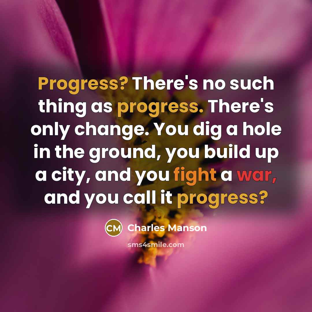 “Progress? There's no such thing as progress. There's only change. You dig a hole in the ground, you build up a city, and you fight a war, and you call it progress?” quote by Charles Manson