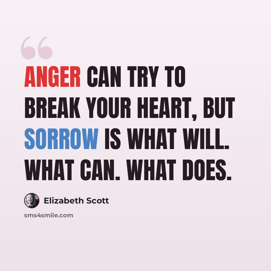 “Anger can try to break your heart, but sorrow is what will. What can. What does.” quote by Elizabeth Scott