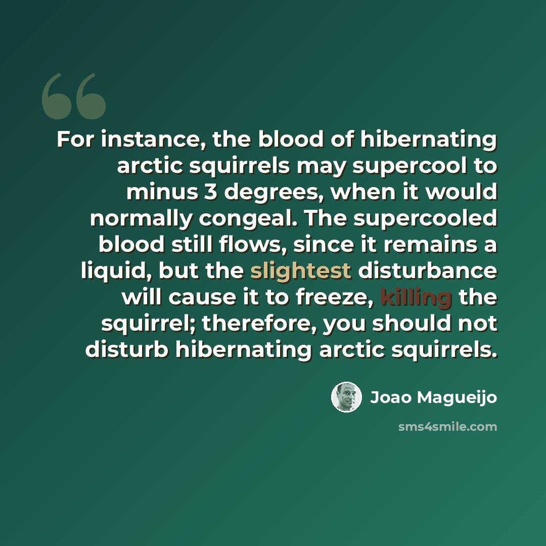 “For instance, the blood of hibernating arctic squirrels may supercool to minus 3 degrees, when it would normally congeal. The supercooled blood still flows, since it remains a liquid, but the slightest disturbance will cause it to freeze, killing the squirrel; therefore, you should not disturb…” quote by Joao Magueijo