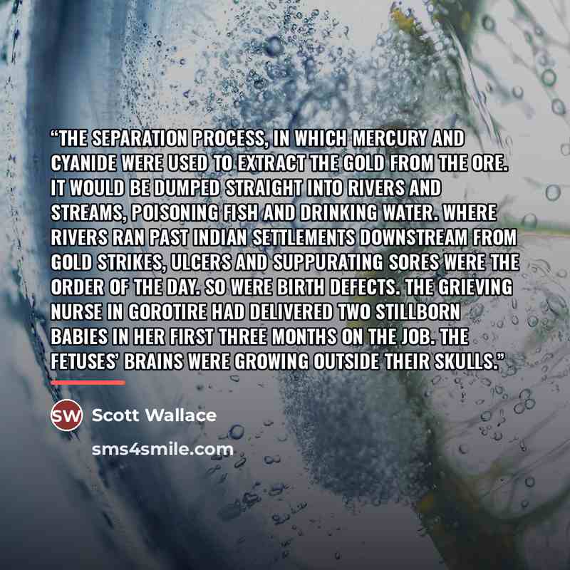 “the separation process, in which mercury and cyanide were used to extract the gold from the ore. It would be dumped straight into rivers and streams, poisoning fish and drinking water. Where rivers ran past Indian settlements downstream from gold strikes, ulcers and suppurating sores were the…” quote by Scott Wallace