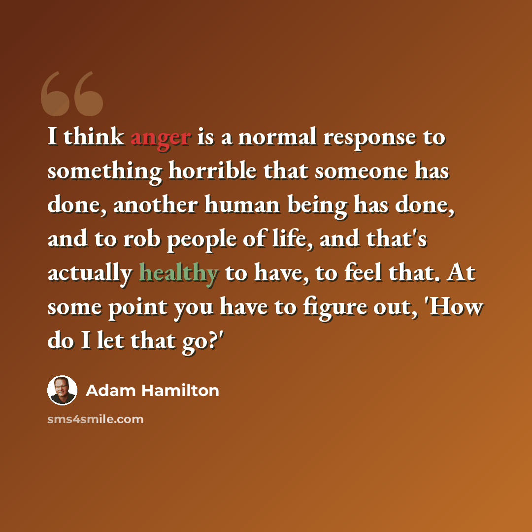 “I think anger is a normal response to something horrible that someone has done, another human being has done, and to rob people of life, and that's actually healthy to have, to feel that. At some point you have to figure out, 'How do I let that go?'” quote by Adam Hamilton