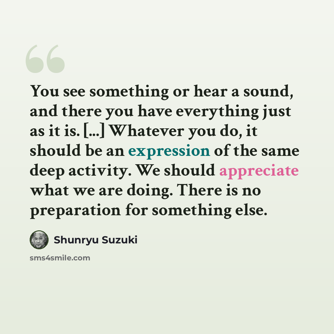 “You see something or hear a sound, and there you have everything just as it is. [...] Whatever you do, it should be an expression of the same deep activity. We should appreciate what we are doing. There is no preparation for something else.” quote by Shunryu Suzuki