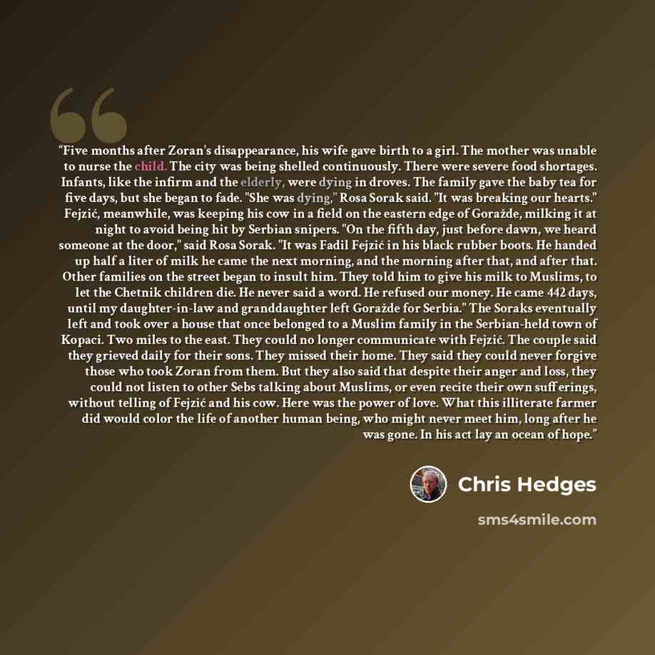 “Five months after Zoran's disappearance, his wife gave birth to a girl. The mother was unable to nurse the child. The city was being shelled continuously. There were severe food shortages. Infants, like the infirm and the elderly, were dying in droves. The family gave the baby tea for five days…” quote by Chris Hedges