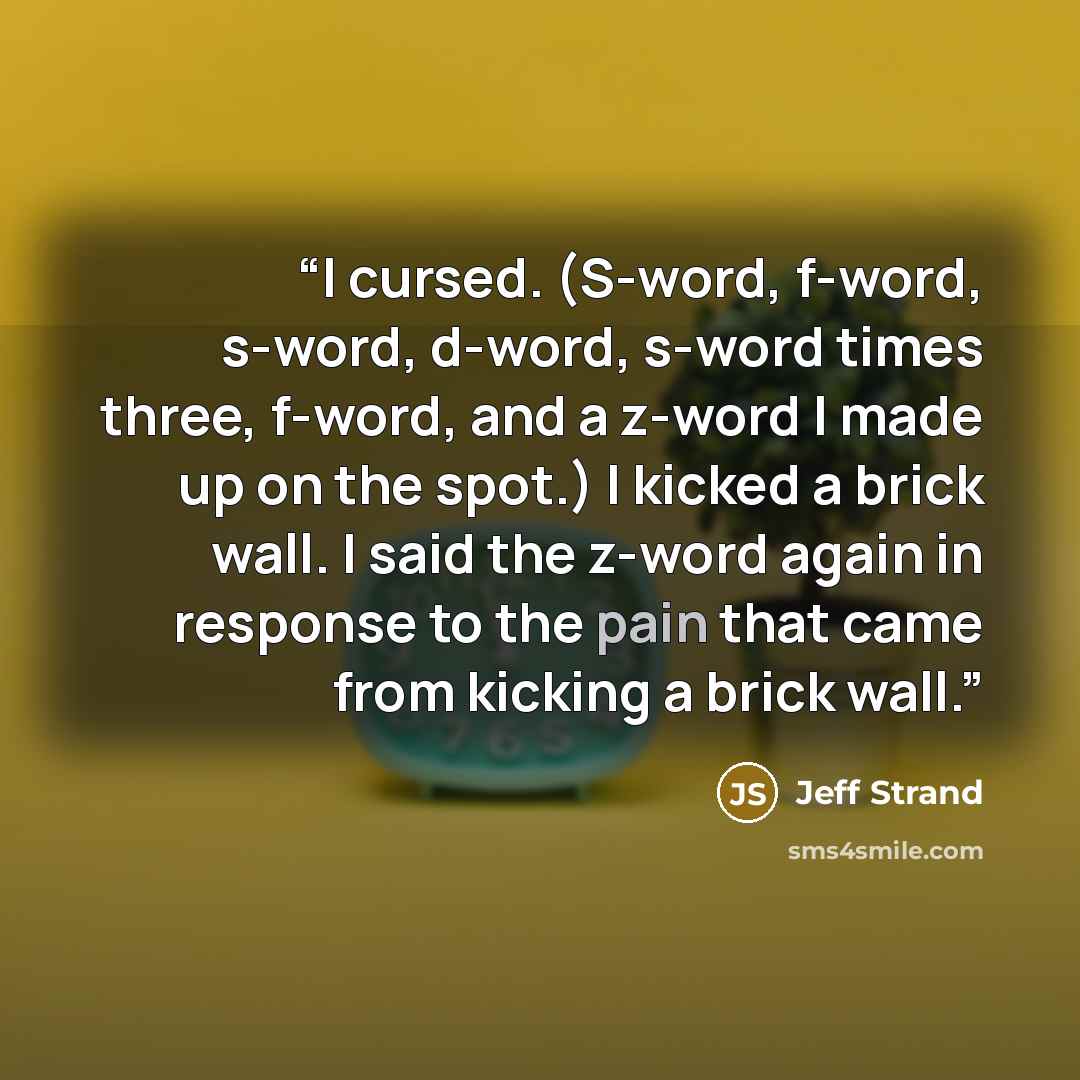 “I cursed. (S-word, f-word, s-word, d-word, s-word times three, f-word, and a z-word I made up on the spot.) I kicked a brick wall. I said the z-word again in response to the pain that came from kicking a brick wall.” quote by Jeff Strand