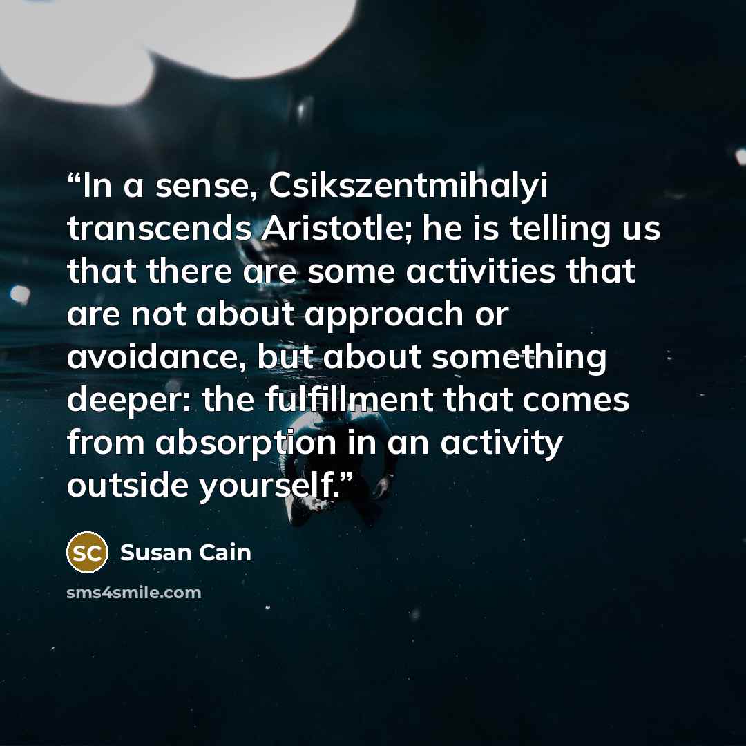 “In a sense, Csikszentmihalyi transcends Aristotle; he is telling us that there are some activities that are not about approach or avoidance, but about something deeper: the fulfillment that comes from absorption in an activity outside yourself.” quote by Susan Cain