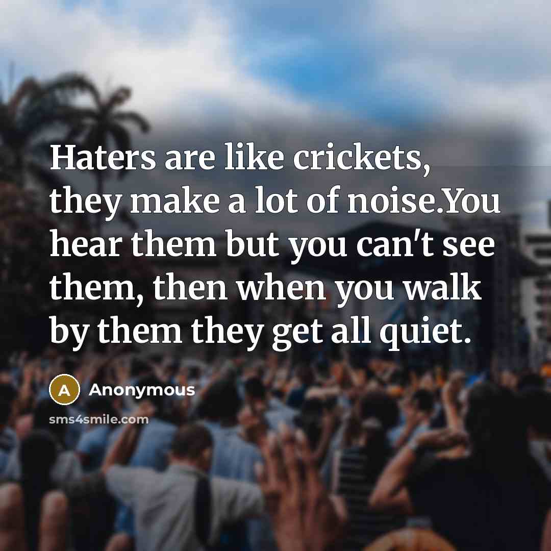 “Haters are like crickets, they make a lot of noise.You hear them but you can't see them, then when you walk by them they get all quiet.” quote by Anonymous