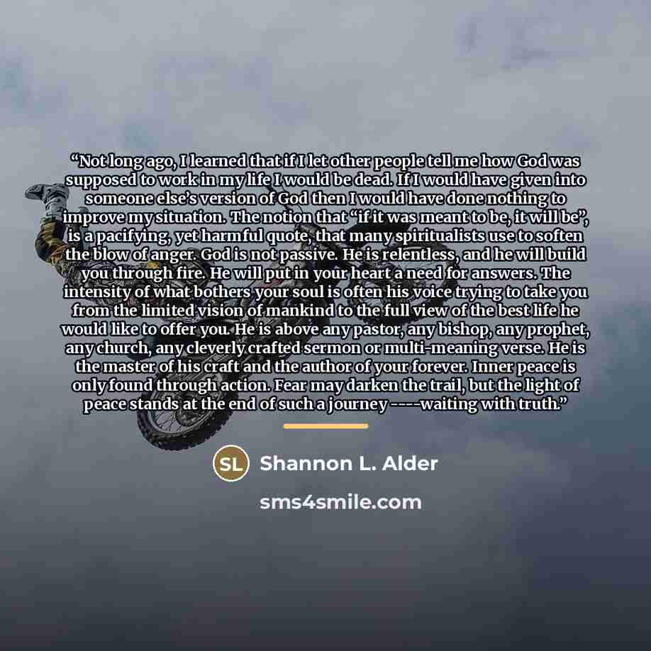 “Not long ago, I learned that if I let other people tell me how God was supposed to work in my life I would be dead. If I would have given into someone else’s version of God then I would have done nothing to improve my situation. The notion that “if it was meant to be, it will be”, is a pacifying…” quote by Shannon L. Alder