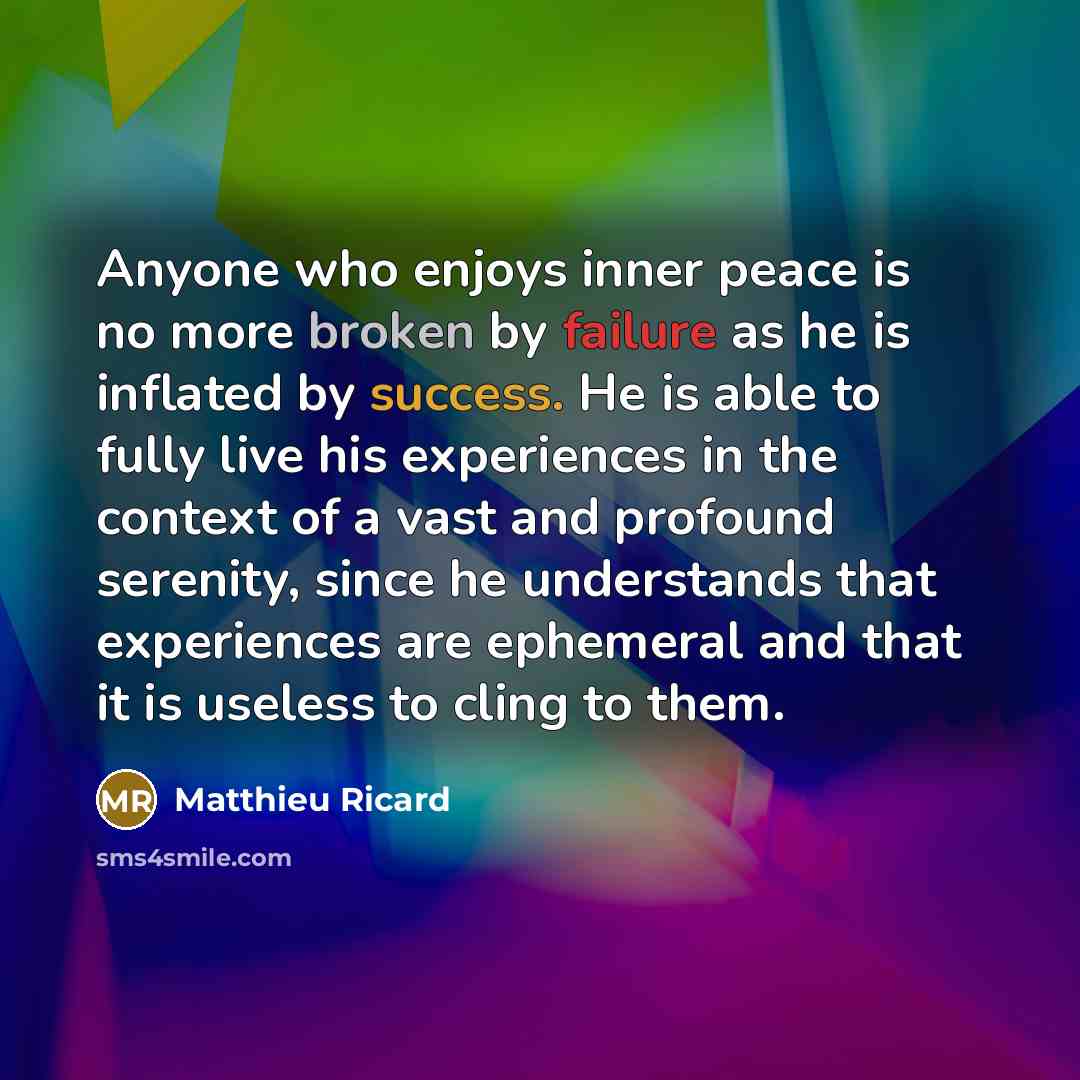 “Anyone who enjoys inner peace is no more broken by failure as he is inflated by success. He is able to fully live his experiences in the context of a vast and profound serenity, since he understands that experiences are ephemeral and that it is useless to cling to them.” quote by Matthieu Ricard
