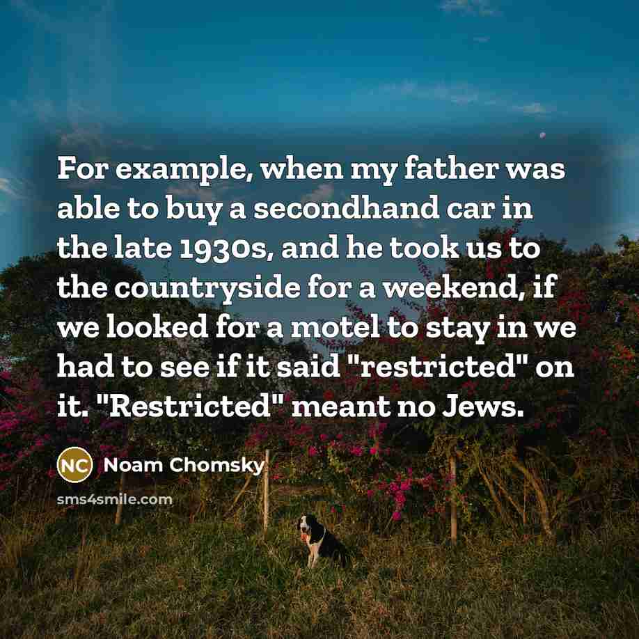 “For example, when my father was able to buy a secondhand car in the late 1930s, and he took us to the countryside for a weekend, if we looked for a motel to stay in we had to see if it said "restricted" on it. "Restricted" meant no Jews.” quote by Noam Chomsky