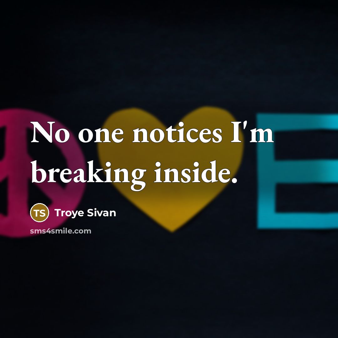 “No one notices I'm breaking inside.” quote by Troye Sivan