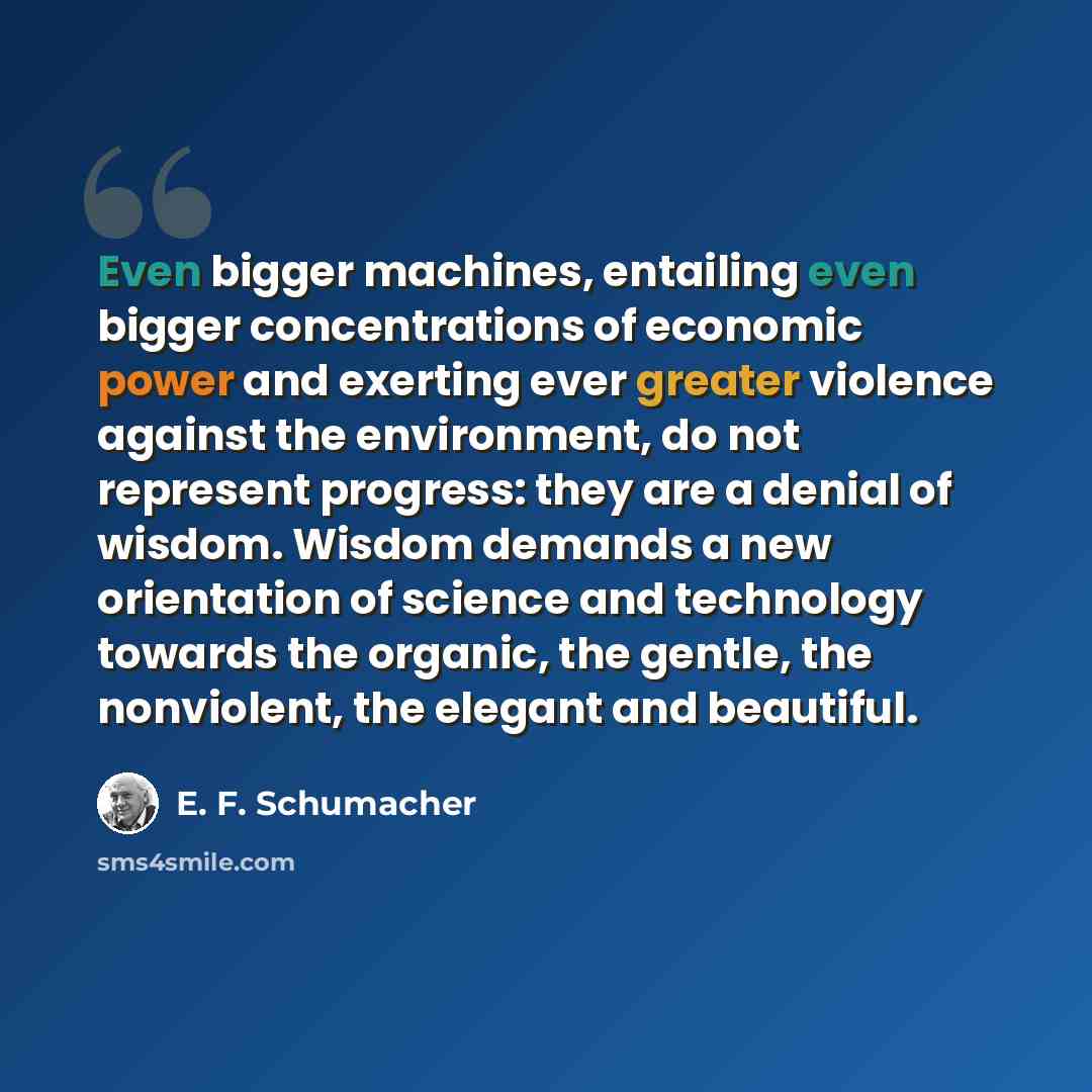 “Even bigger machines, entailing even bigger concentrations of economic power and exerting ever greater violence against the environment, do not represent progress: they are a denial of wisdom. Wisdom demands a new orientation of science and technology towards the organic, the gentle, the…” quote by E. F. Schumacher