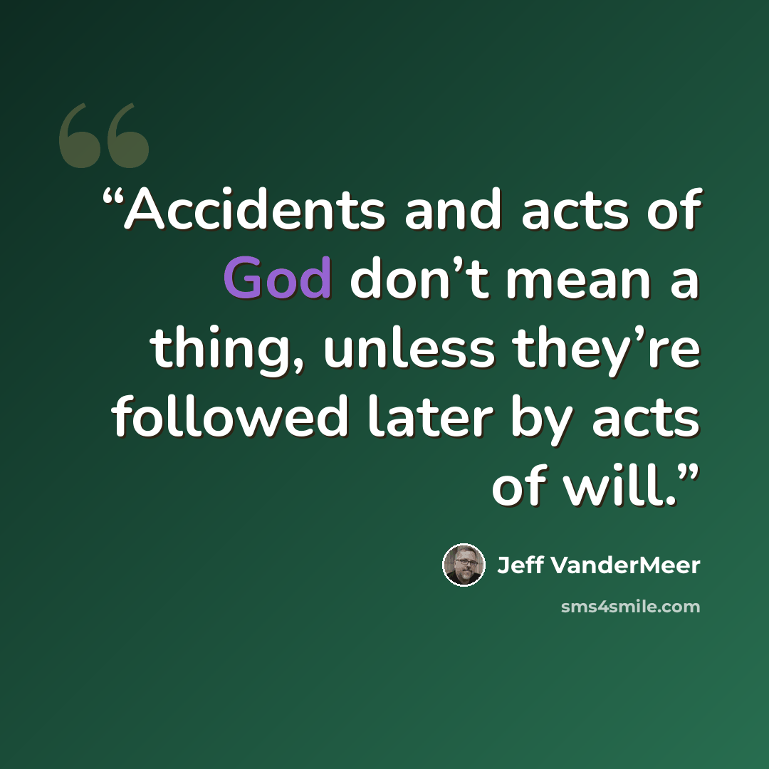 “Accidents and acts of God don’t mean a thing, unless they’re followed later by acts of will.” quote by Jeff VanderMeer