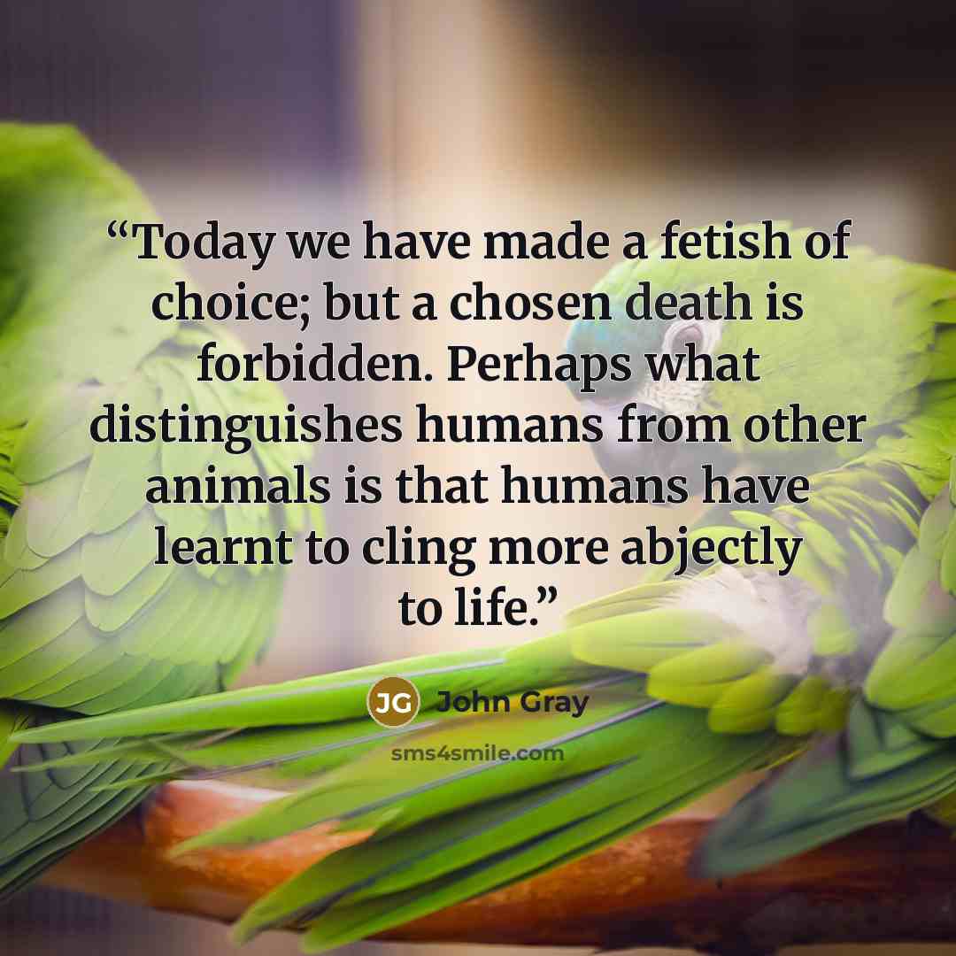 “Today we have made a fetish of choice; but a chosen death is forbidden. Perhaps what distinguishes humans from other animals is that humans have learnt to cling more abjectly to life.” quote by John Gray