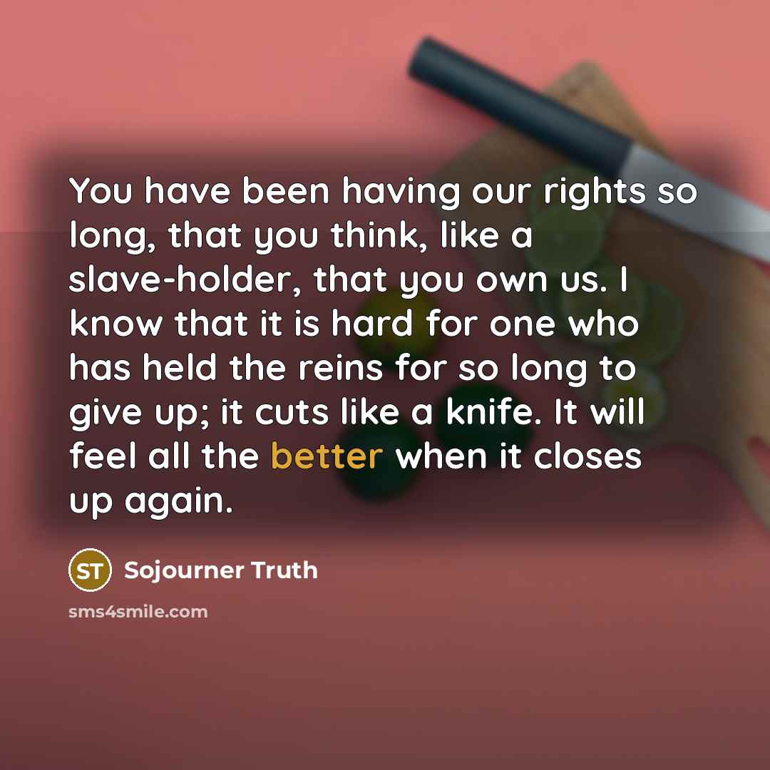 “You have been having our rights so long, that you think, like a slave-holder, that you own us. I know that it is hard for one who has held the reins for so long to give up; it cuts like a knife. It will feel all the better when it closes up again.” quote by Sojourner Truth