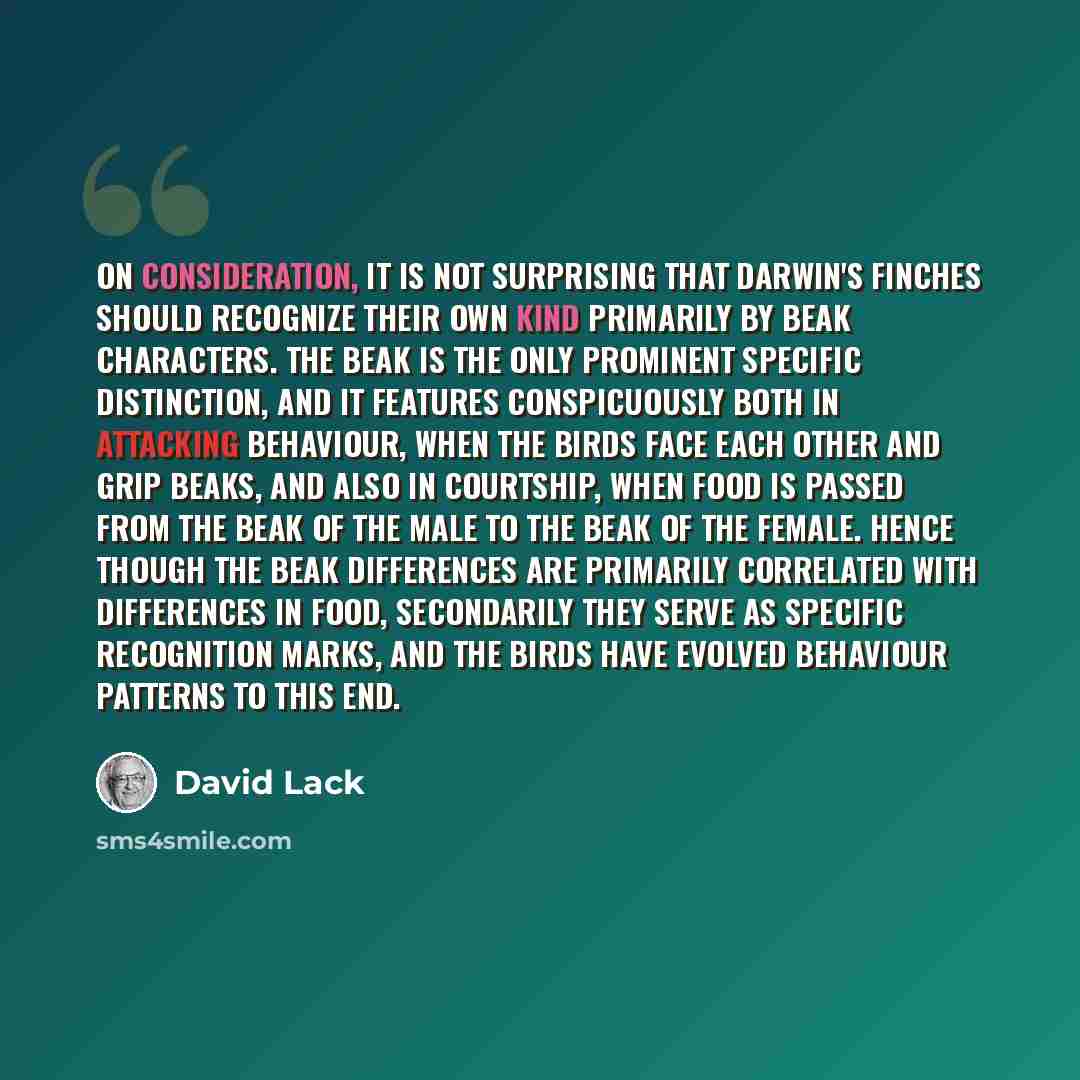 “On consideration, it is not surprising that Darwin's finches should recognize their own kind primarily by beak characters. The beak is the only prominent specific distinction, and it features conspicuously both in attacking behaviour, when the birds face each other and grip beaks, and also in…” quote by David Lack