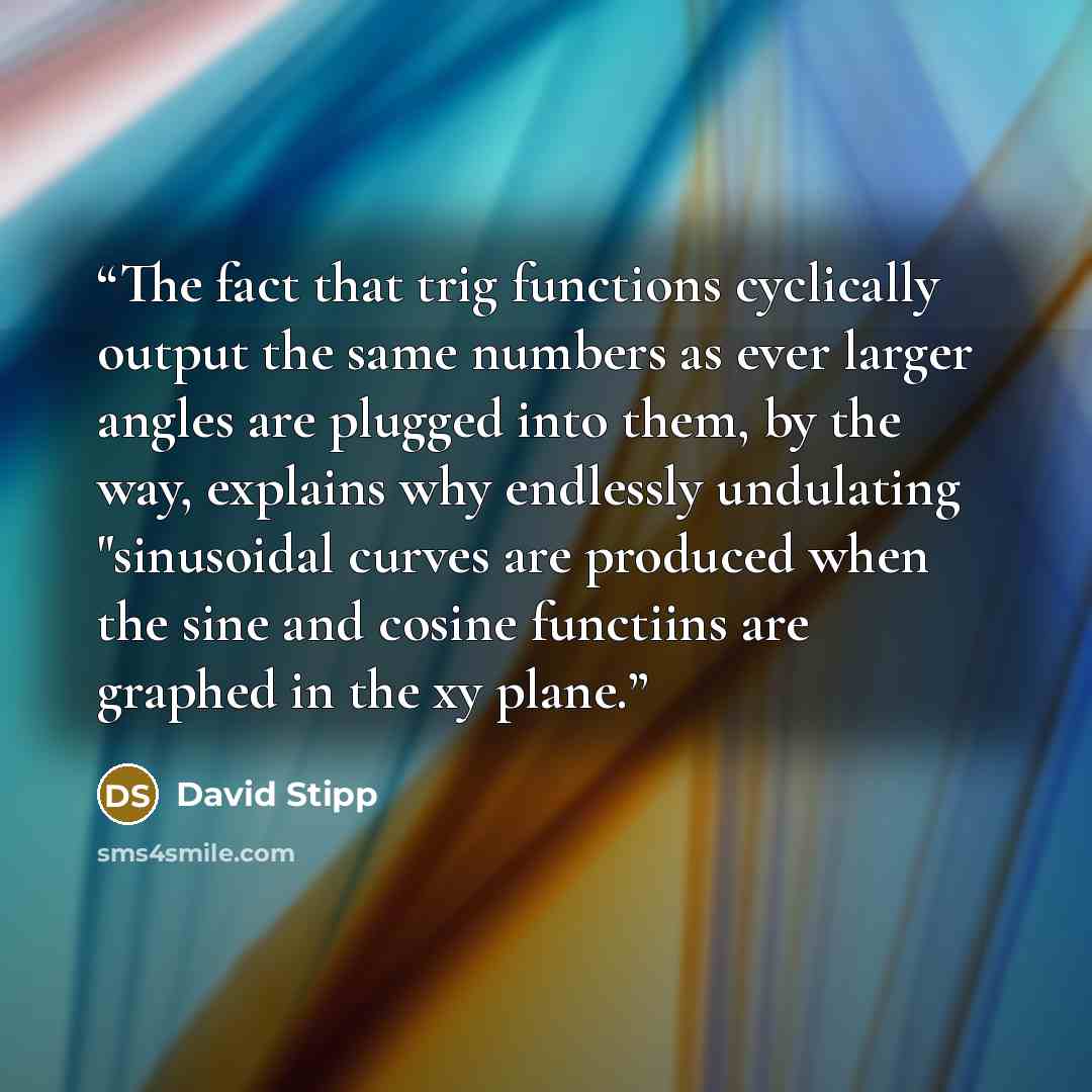 “The fact that trig functions cyclically output the same numbers as ever larger angles are plugged into them, by the way, explains why endlessly undulating "sinusoidal curves are produced when the sine and cosine functiins are graphed in the xy plane.” quote by David Stipp