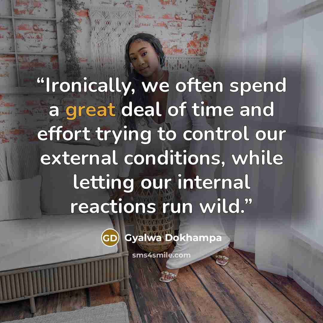 “Ironically, we often spend a great deal of time and effort trying to control our external conditions, while letting our internal reactions run wild.” quote by Gyalwa Dokhampa