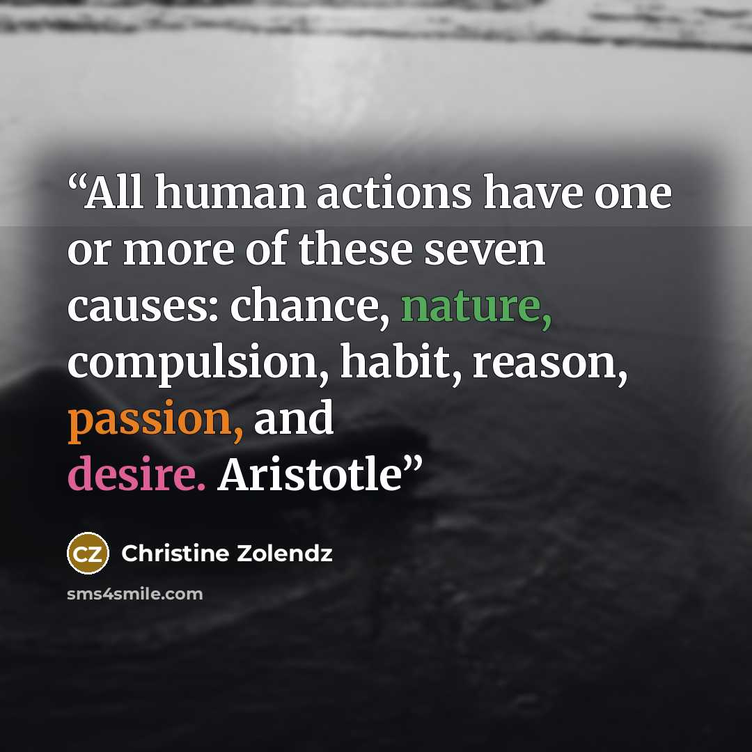“All human actions have one or more of these seven causes: chance, nature, compulsion, habit, reason, passion, and desire. Aristotle” quote by Christine Zolendz