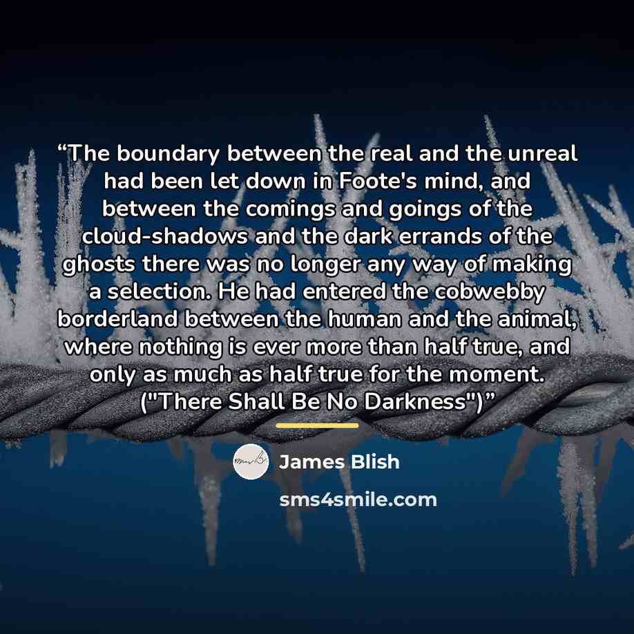“The boundary between the real and the unreal had been let down in Foote's mind, and between the comings and goings of the cloud-shadows and the dark errands of the ghosts there was no longer any way of making a selection. He had entered the cobwebby borderland between the human and the animal…” quote by james blish