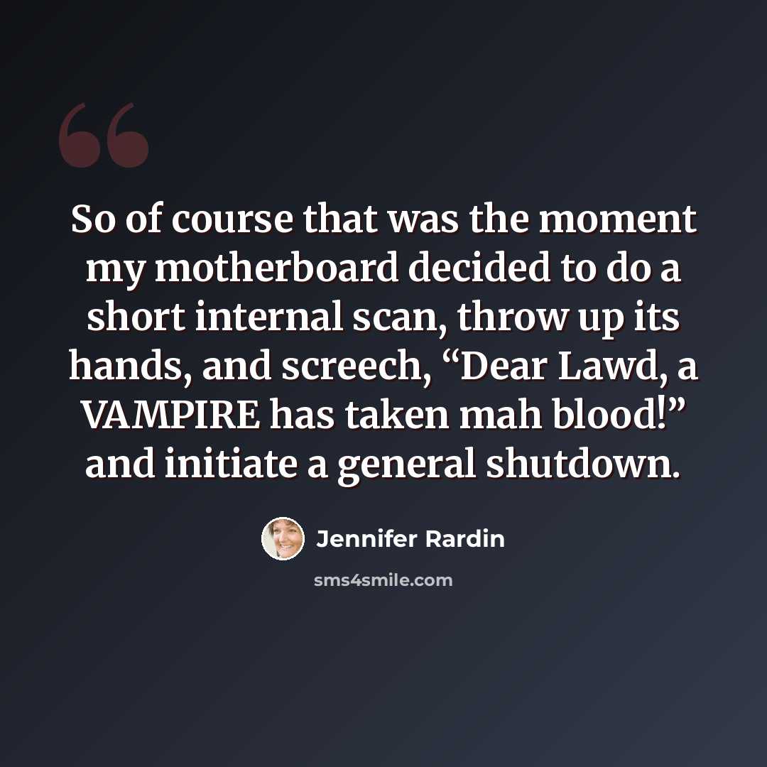 “So of course that was the moment my motherboard decided to do a short internal scan, throw up its hands, and screech, “Dear Lawd, a VAMPIRE has taken mah blood!” and initiate a general shutdown.” quote by Jennifer Rardin