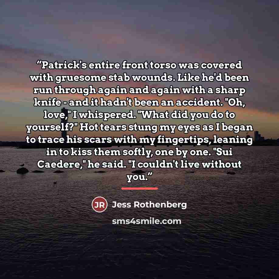 “Patrick's entire front torso was covered with gruesome stab wounds. Like he'd been run through again and again with a sharp knife - and it hadn't been an accident. "Oh, love," I whispered. "What did you do to yourself?" Hot tears stung my eyes as I began to trace his scars with my fingertips…” quote by Jess Rothenberg