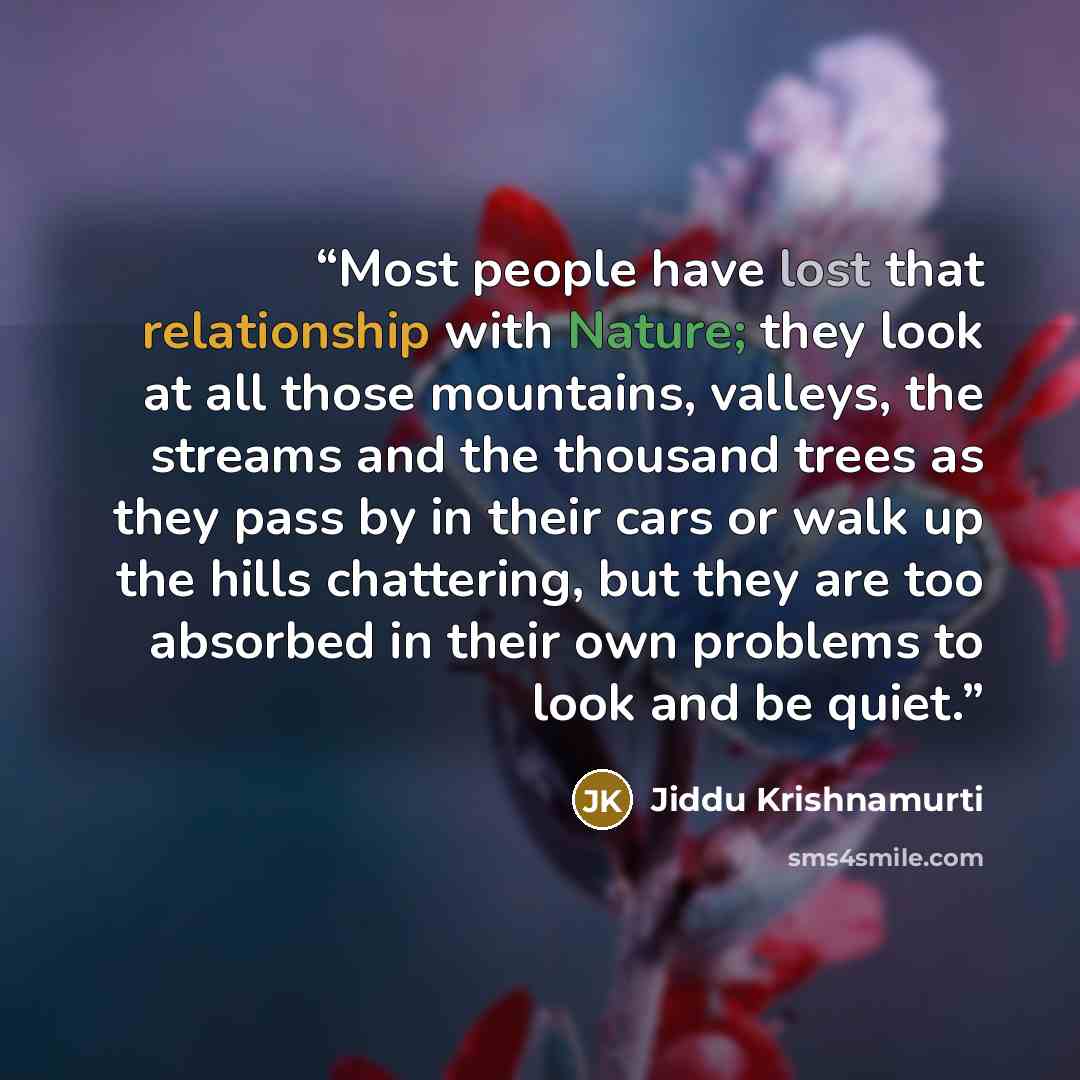 “Most people have lost that relationship with Nature; they look at all those mountains, valleys, the streams and the thousand trees as they pass by in their cars or walk up the hills chattering, but they are too absorbed in their own problems to look and be quiet.” quote by Jiddu Krishnamurti