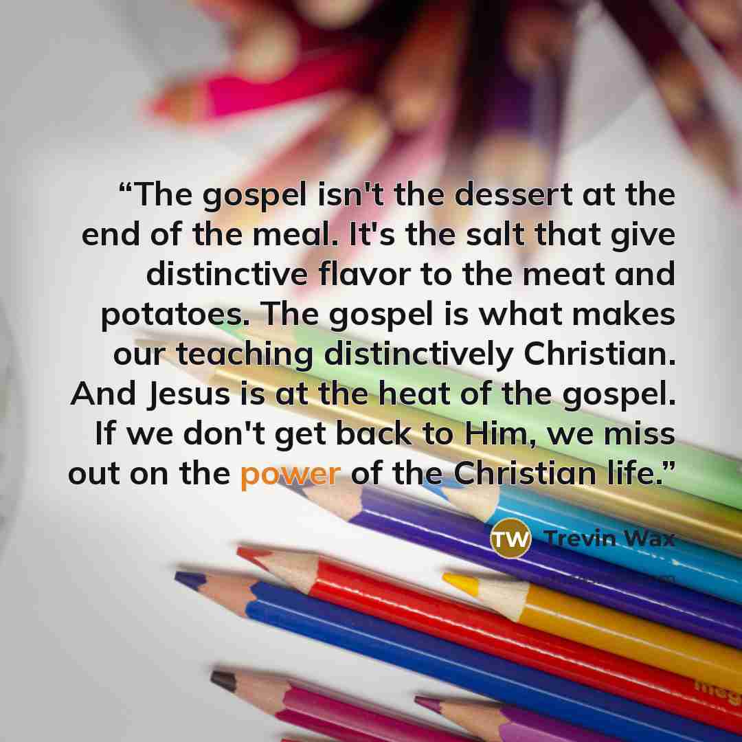 “The gospel isn't the dessert at the end of the meal. It's the salt that give distinctive flavor to the meat and potatoes. The gospel is what makes our teaching distinctively Christian. And Jesus is at the heat of the gospel. If we don't get back to Him, we miss out on the power of the Christian…” quote by Trevin Wax