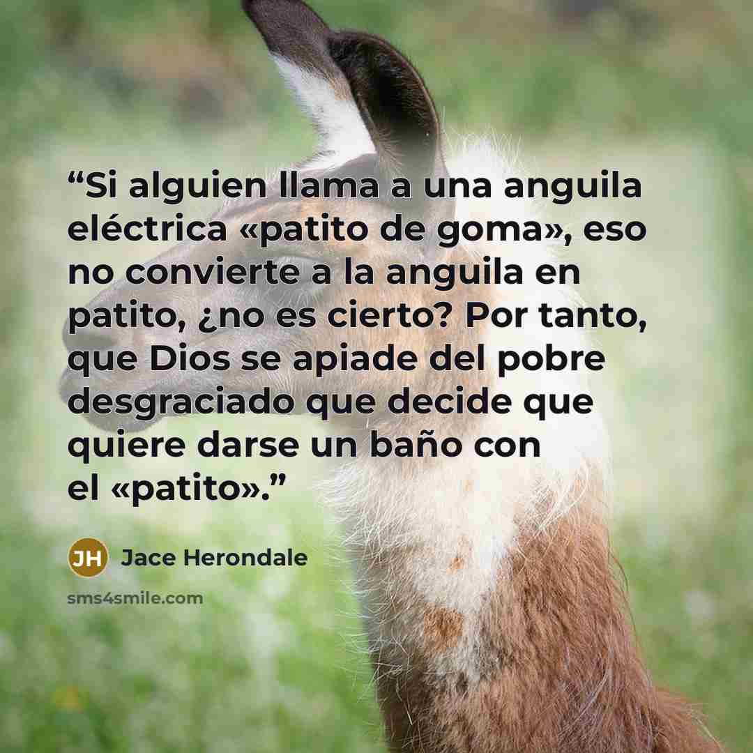 “Si alguien llama a una anguila eléctrica «patito de goma», eso no convierte a la anguila en patito, ¿no es cierto? Por tanto, que Dios se apiade del pobre desgraciado que decide que quiere darse un baño con el «patito».” quote by Jace Herondale