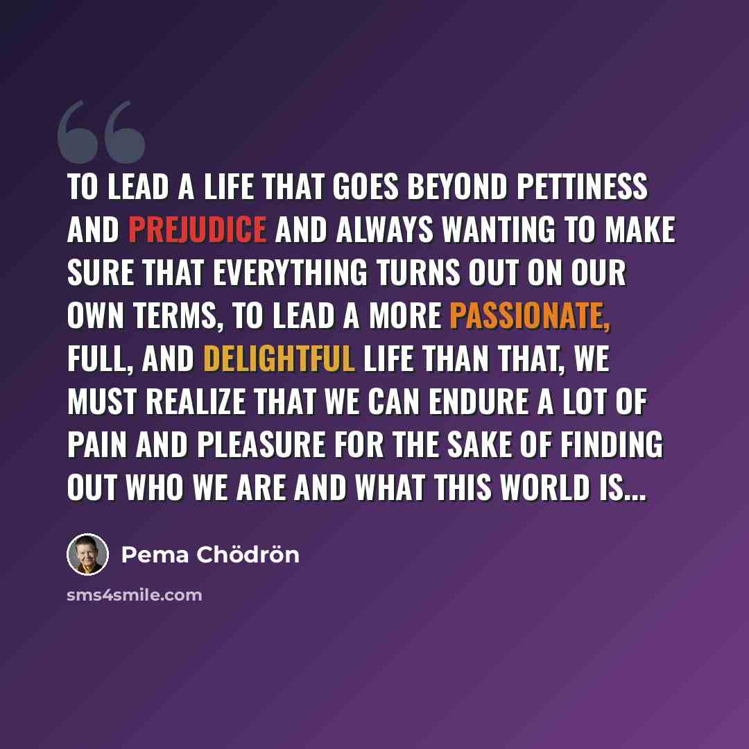 “To lead a life that goes beyond pettiness and prejudice and always wanting to make sure that everything turns out on our own terms, to lead a more passionate, full, and delightful life than that, we must realize that we can endure a lot of pain and pleasure for the sake of finding out who we are…” quote by Pema Chodron