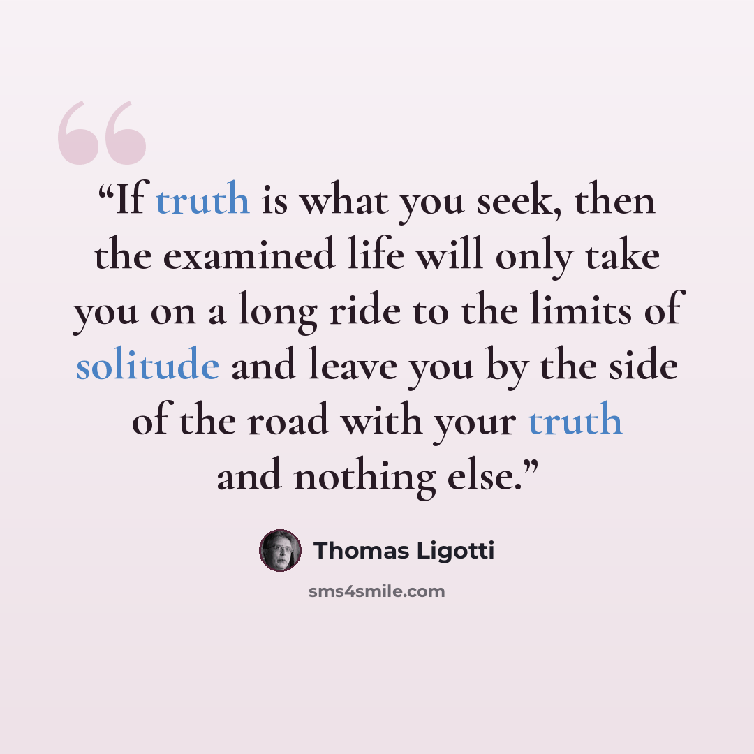 “If truth is what you seek, then the examined life will only take you on a long ride to the limits of solitude and leave you by the side of the road with your truth and nothing else.” quote by Thomas Ligotti