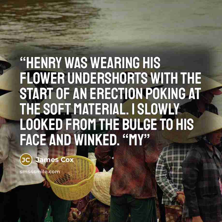 “Henry was wearing his flower undershorts with the start of an erection poking at the soft material. I slowly looked from the bulge to his face and winked. “My” quote by James Cox