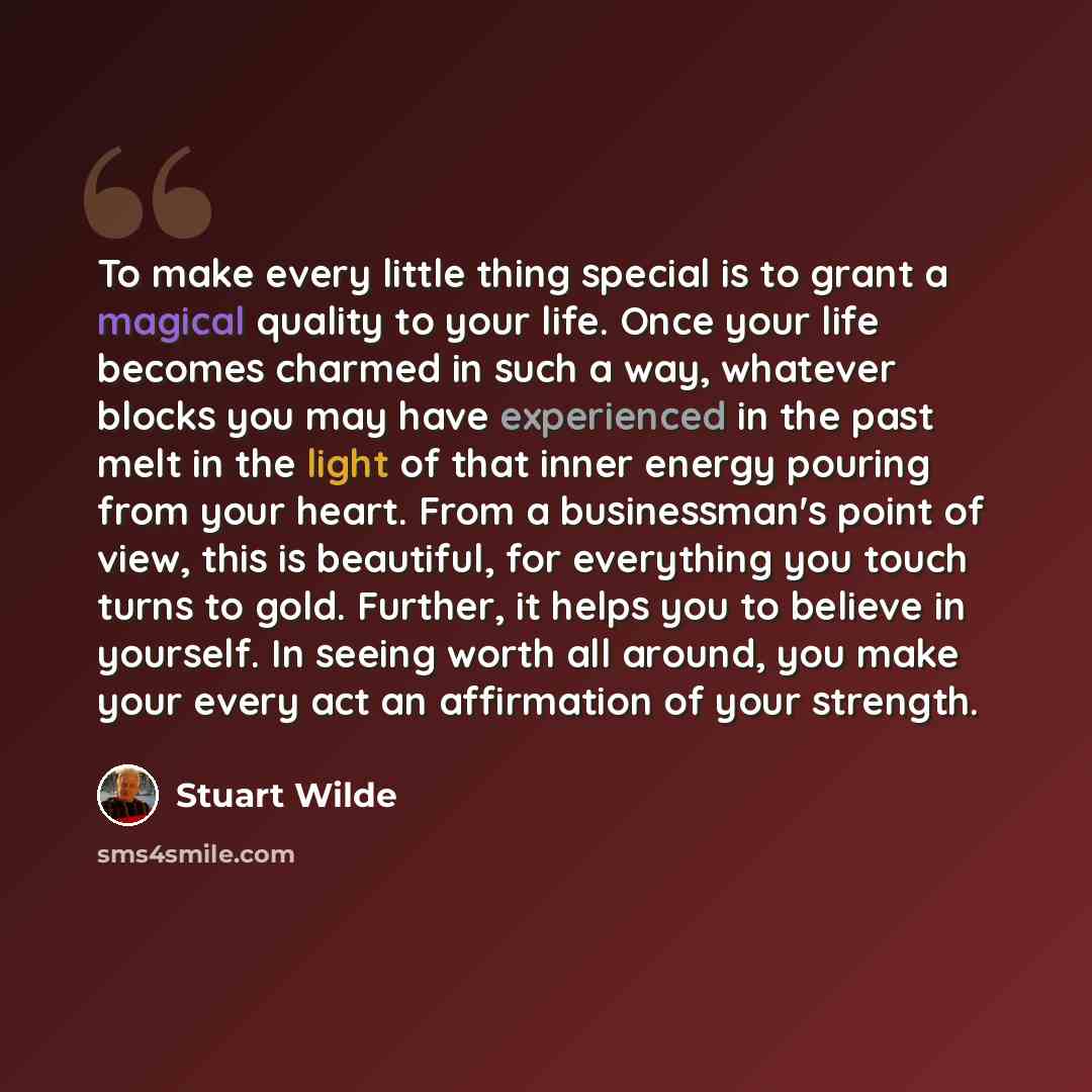 “To make every little thing special is to grant a magical quality to your life. Once your life becomes charmed in such a way, whatever blocks you may have experienced in the past melt in the light of that inner energy pouring from your heart. From a businessman's point of view, this is beautiful…” quote by Stuart Wilde