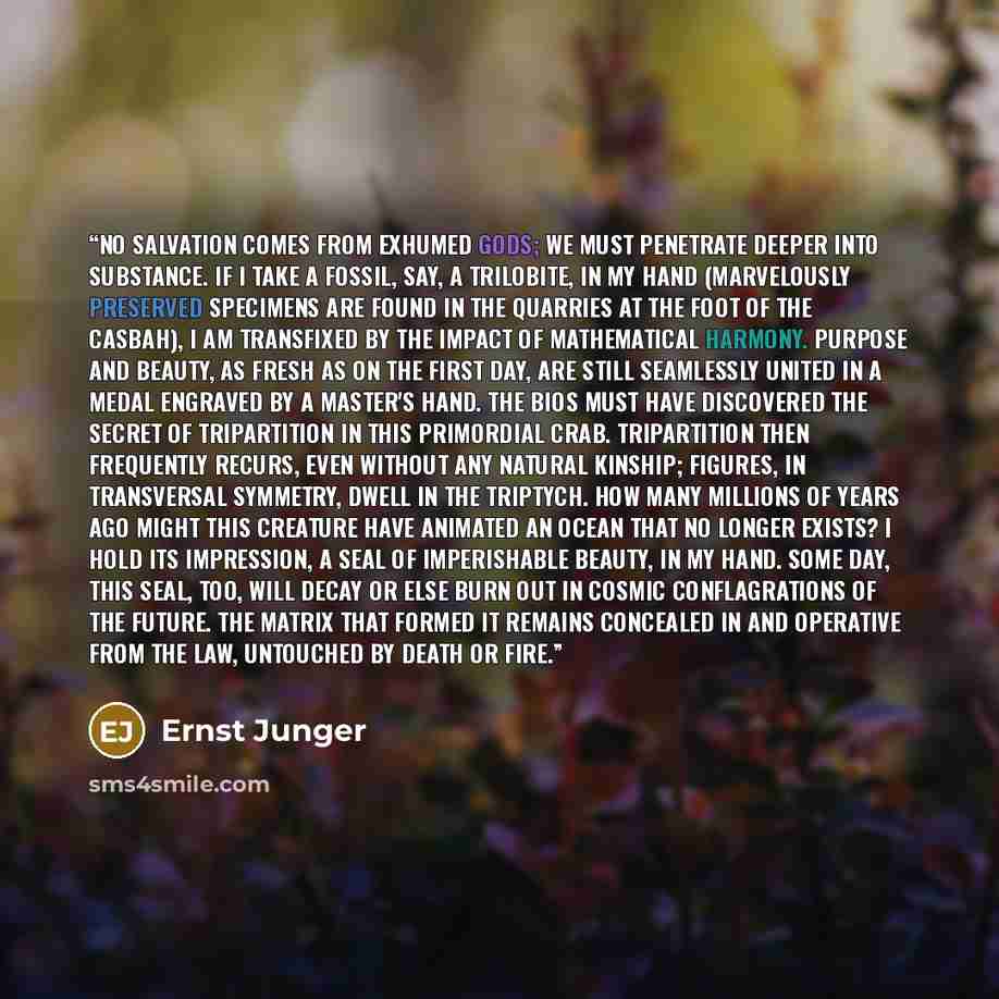 “No salvation comes from exhumed gods; we must penetrate deeper into substance. If I take a fossil, say, a trilobite, in my hand (marvelously preserved specimens are found in the quarries at the foot of the Casbah), I am transfixed by the impact of mathematical harmony. Purpose and beauty, as fresh…” quote by Ernst Jünger