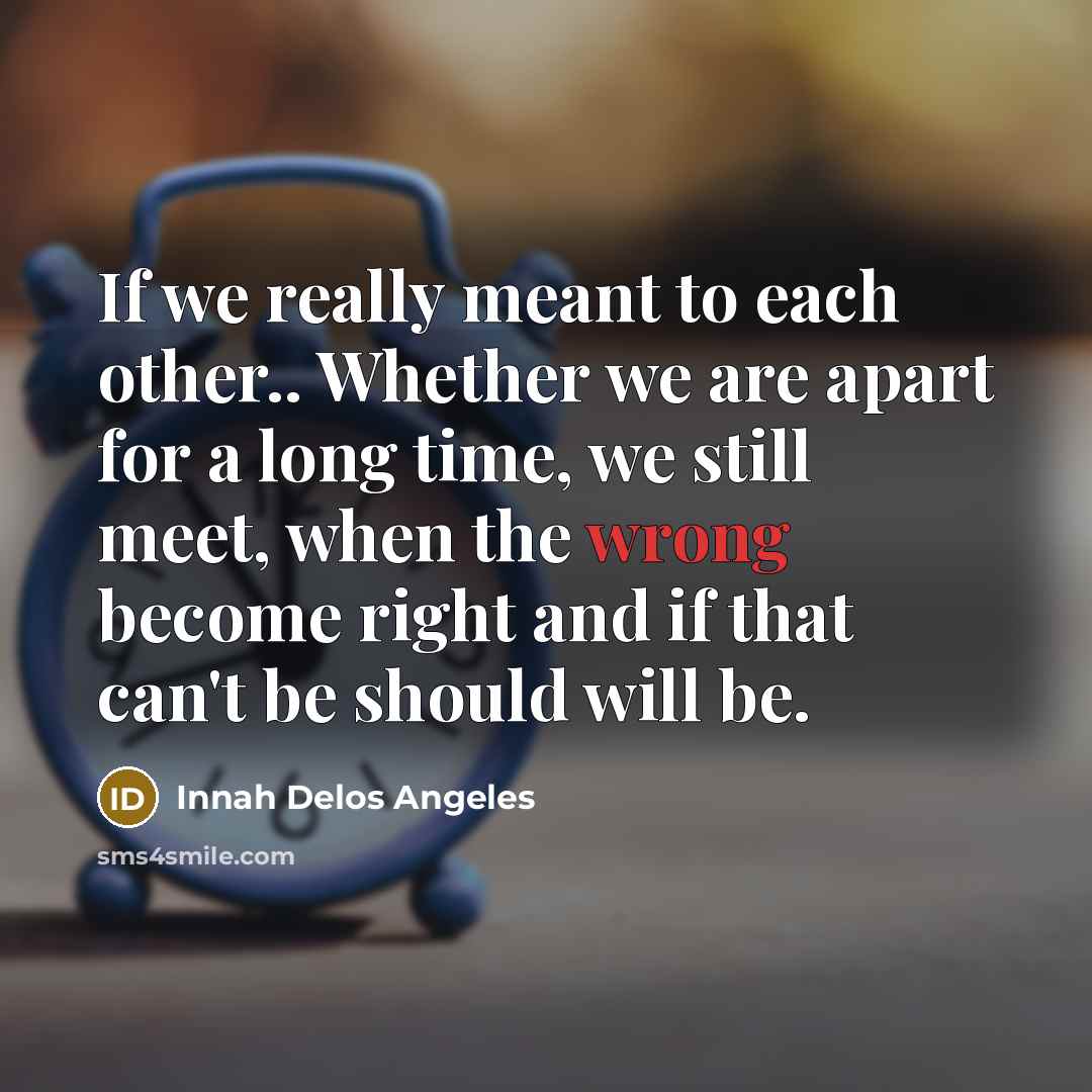 “If we really meant to each other.. Whether we are apart for a long time, we still meet, when the wrong become right and if that can't be should will be.” quote by Innah Delos Angeles