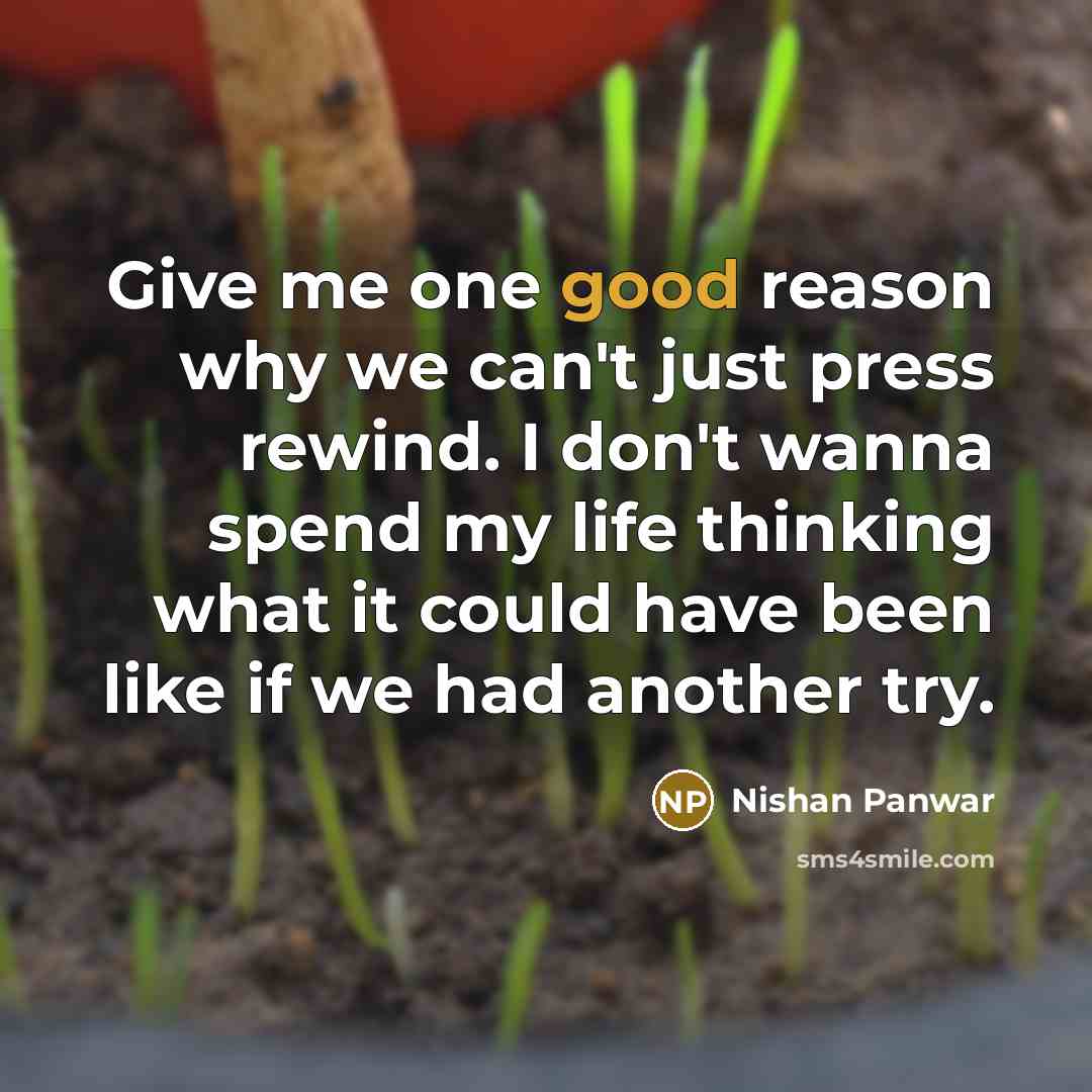 “Give me one good reason why we can't just press rewind. I don't wanna spend my life thinking what it could have been like if we had another try.” quote by Nishan Panwar