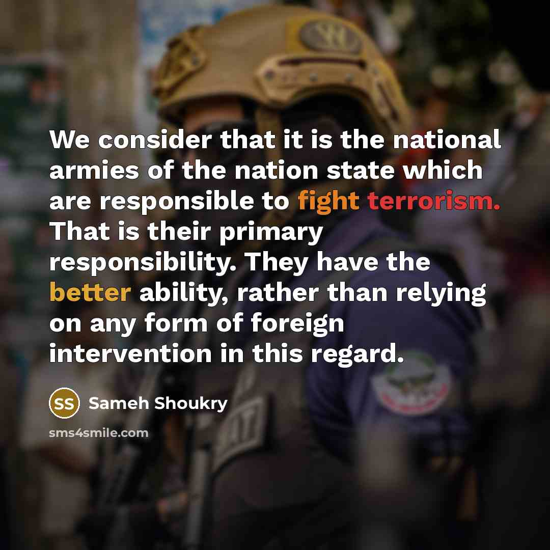 “We consider that it is the national armies of the nation state which are responsible to fight terrorism. That is their primary responsibility. They have the better ability, rather than relying on any form of foreign intervention in this regard.” quote by Sameh Shoukry
