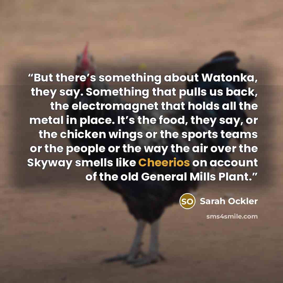 “But there’s something about Watonka, they say. Something that pulls us back, the electromagnet that holds all the metal in place. It’s the food, they say, or the chicken wings or the sports teams or the people or the way the air over the Skyway smells like Cheerios on account of the old General…” quote by Sarah Ockler
