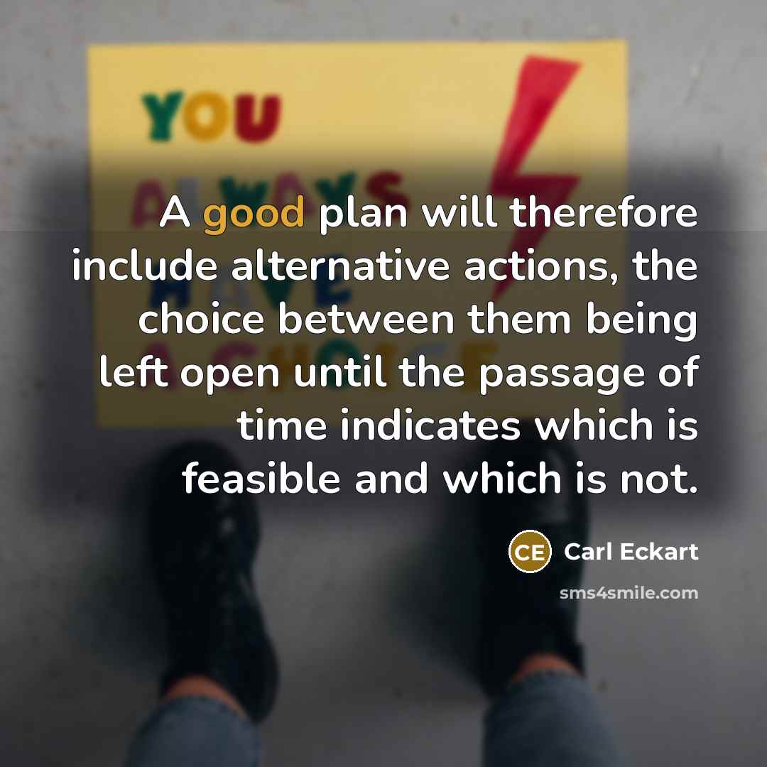“A good plan will therefore include alternative actions, the choice between them being left open until the passage of time indicates which is feasible and which is not.” quote by Carl Eckart