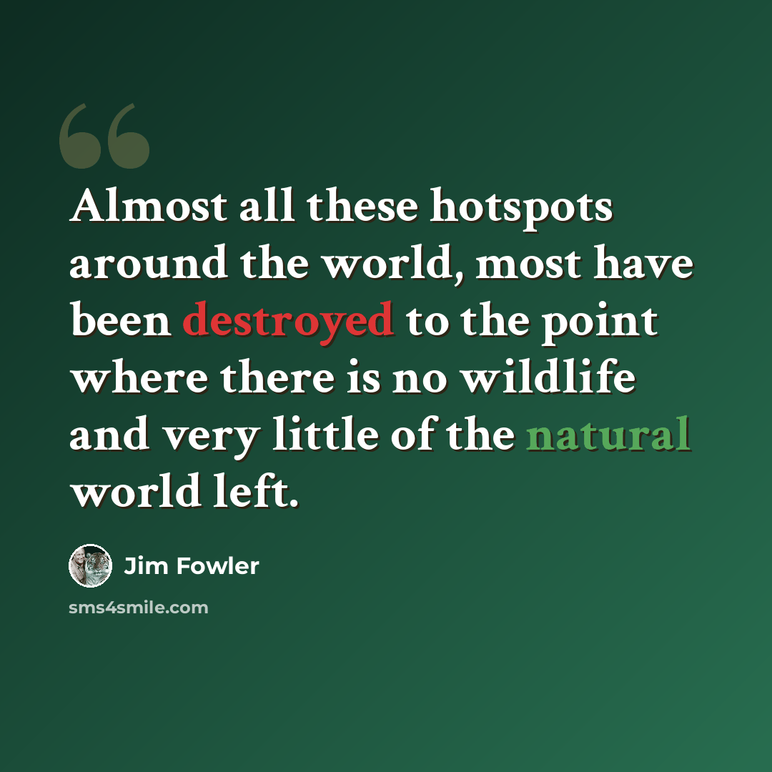 “Almost all these hotspots around the world, most have been destroyed to the point where there is no wildlife and very little of the natural world left.” quote by Jim Fowler