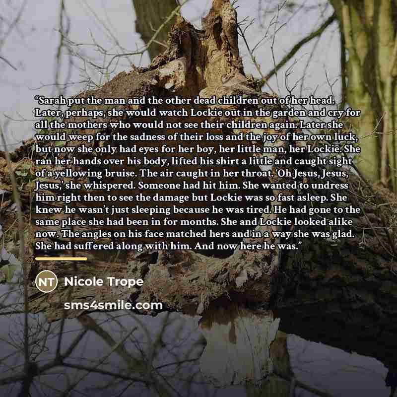“Sarah put the man and the other dead children out of her head. Later, perhaps, she would watch Lockie out in the garden and cry for all the mothers who would not see their children again. Later she would weep for the sadness of their loss and the joy of her own luck, but now she only had eyes for…” quote by Nicole Trope