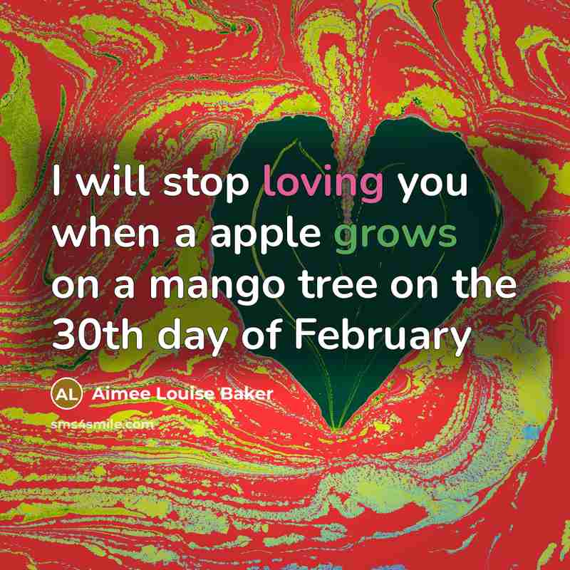 “I will stop loving you when a apple grows on a mango tree on the 30th day of February” quote by Aimee Louise Baker