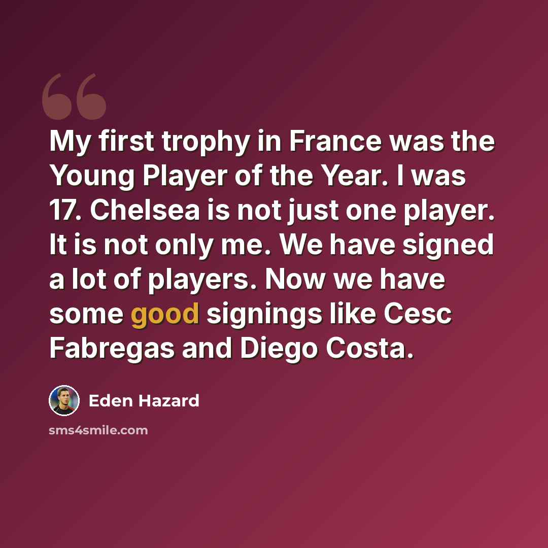 “My first trophy in France was the Young Player of the Year. I was 17. Chelsea is not just one player. It is not only me. We have signed a lot of players. Now we have some good signings like Cesc Fabregas and Diego Costa.” quote by Eden Hazard