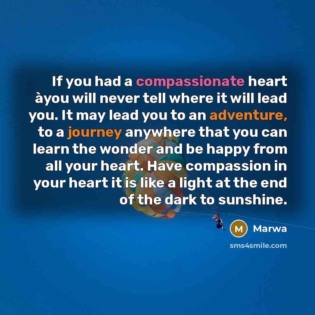 “If you had a compassionate heart àyou will never tell where it will lead you. It may lead you to an adventure, to a journey anywhere that you can learn the wonder and be happy from all your heart. Have compassion in your heart it is like a light at the end of the dark to sunshine.” quote by Marwa