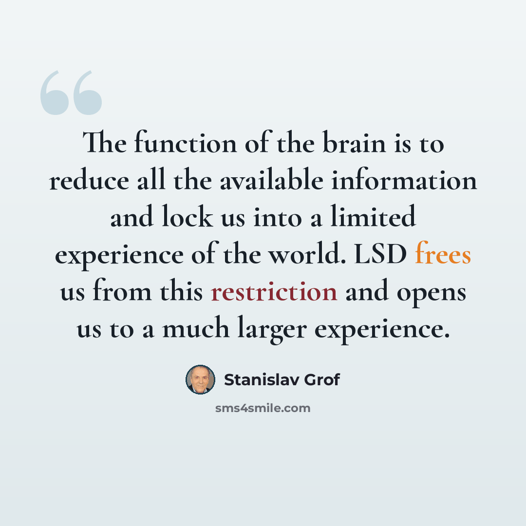 “The function of the brain is to reduce all the available information and lock us into a limited experience of the world. LSD frees us from this restriction and opens us to a much larger experience.” quote by Stanislav Grof