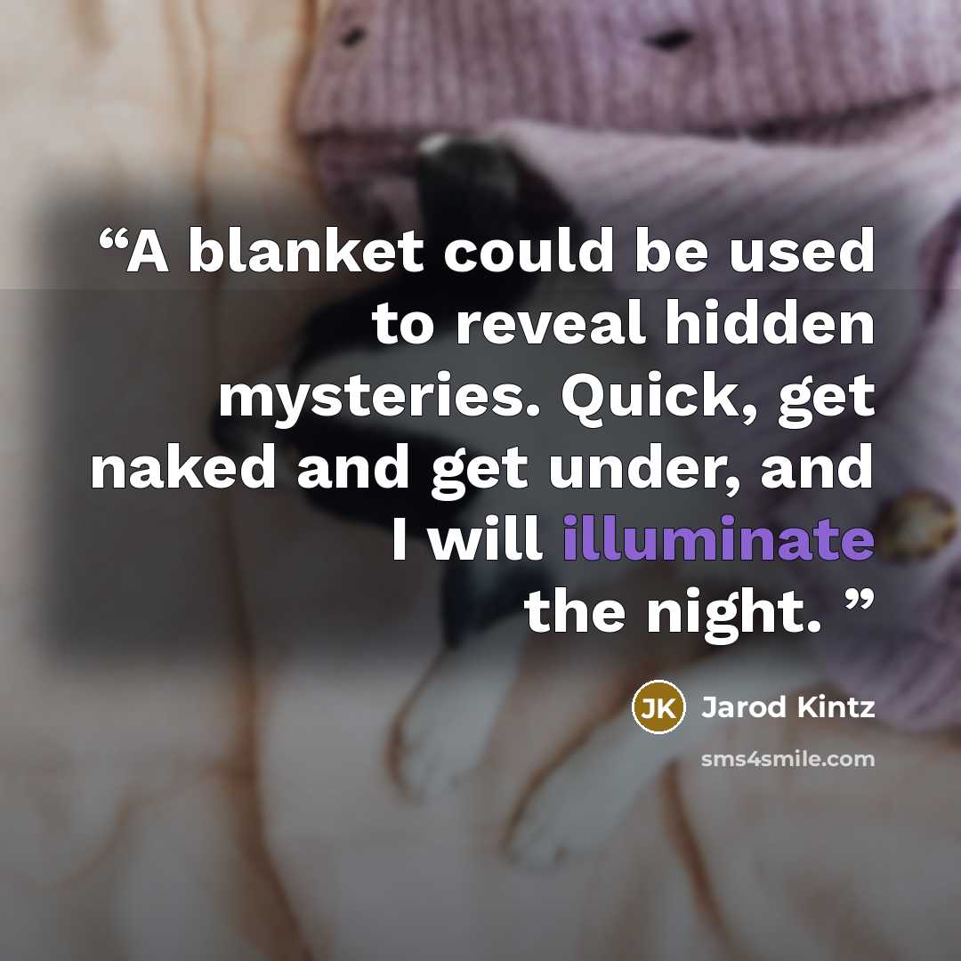 “A blanket could be used to reveal hidden mysteries. Quick, get naked and get under, and I will illuminate the night.” quote by Jarod Kintz