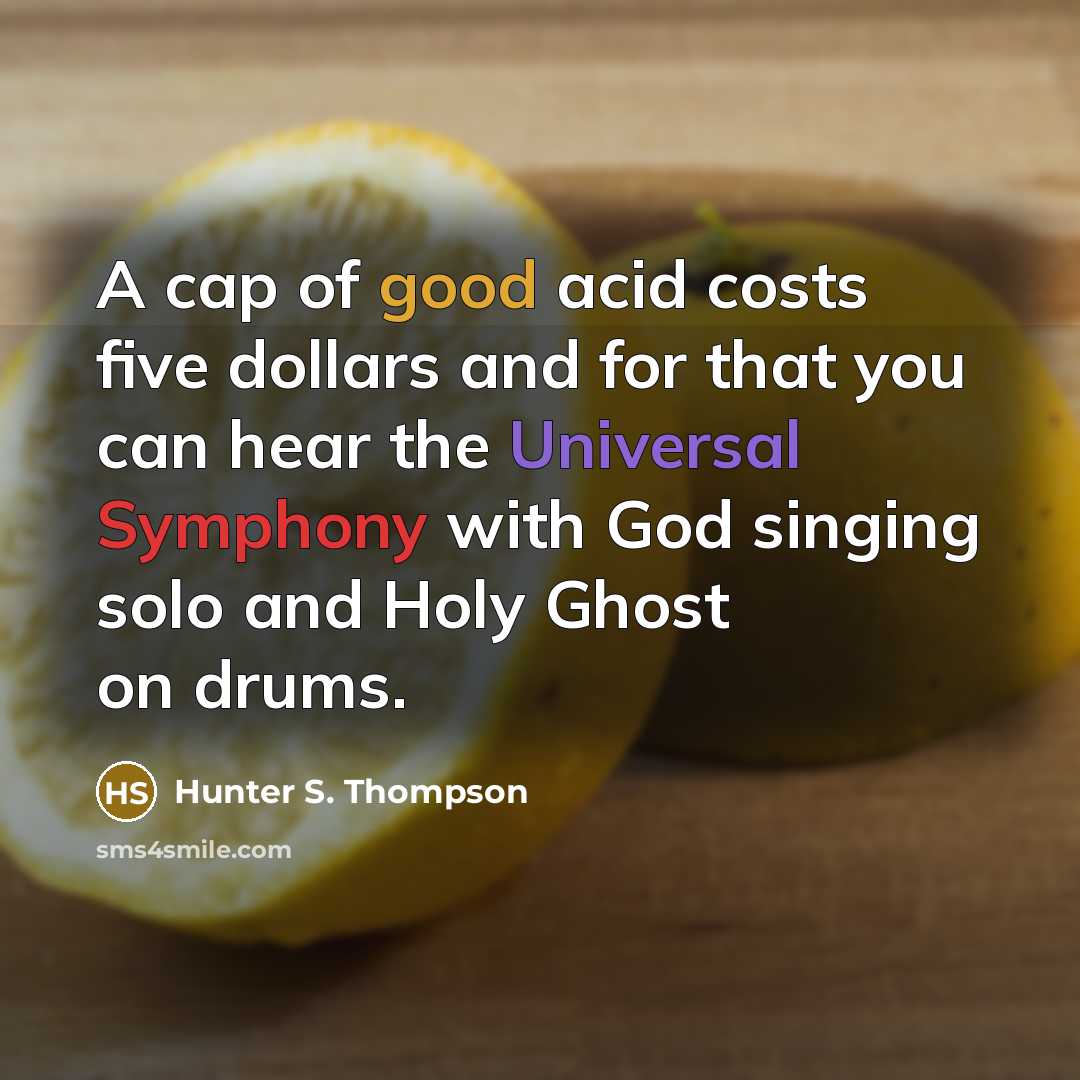 “A cap of good acid costs five dollars and for that you can hear the Universal Symphony with God singing solo and Holy Ghost on drums.” quote by Hunter S. Thompson
