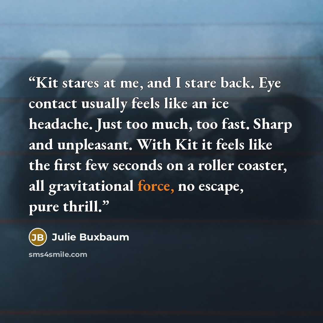 “Kit stares at me, and I stare back. Eye contact usually feels like an ice headache. Just too much, too fast. Sharp and unpleasant. With Kit it feels like the first few seconds on a roller coaster, all gravitational force, no escape, pure thrill.” quote by Julie Buxbaum