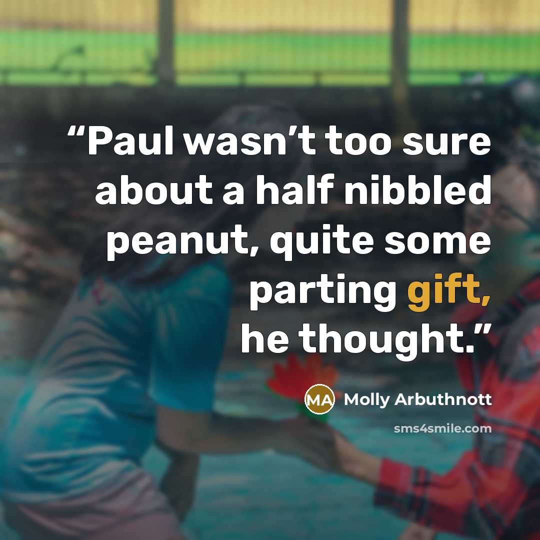 “Paul wasn’t too sure about a half nibbled peanut, quite some parting gift, he thought.” quote by Molly Arbuthnott