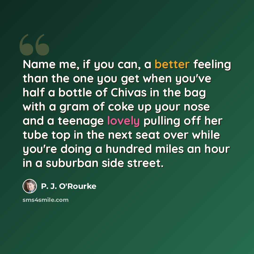 “Name me, if you can, a better feeling than the one you get when you've half a bottle of Chivas in the bag with a gram of coke up your nose and a teenage lovely pulling off her tube top in the next seat over while you're doing a hundred miles an hour in a suburban side street.” quote by P. J. O'Rourke